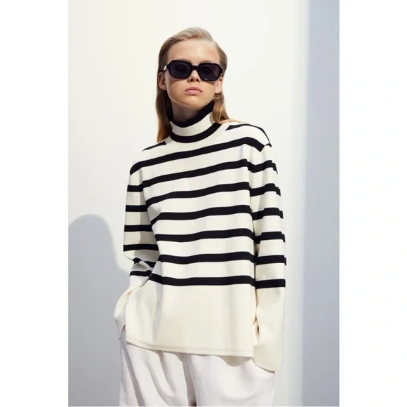 Cream/Striped Mock Turtleneck Sweater - Picture 2 of 9